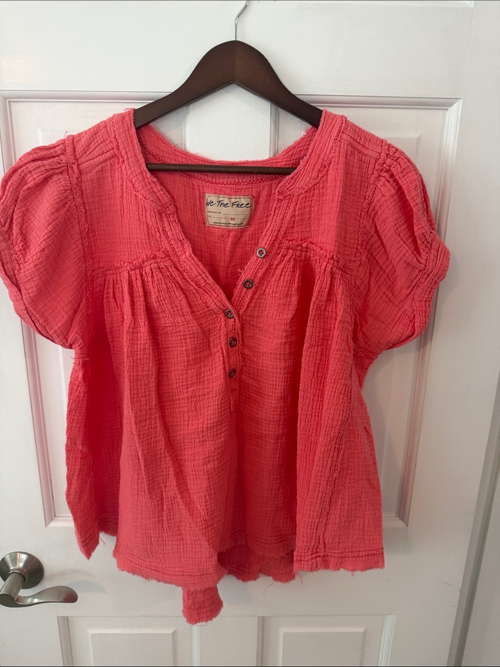 We The Free  Coral Pink Gauze Button Henley Top
